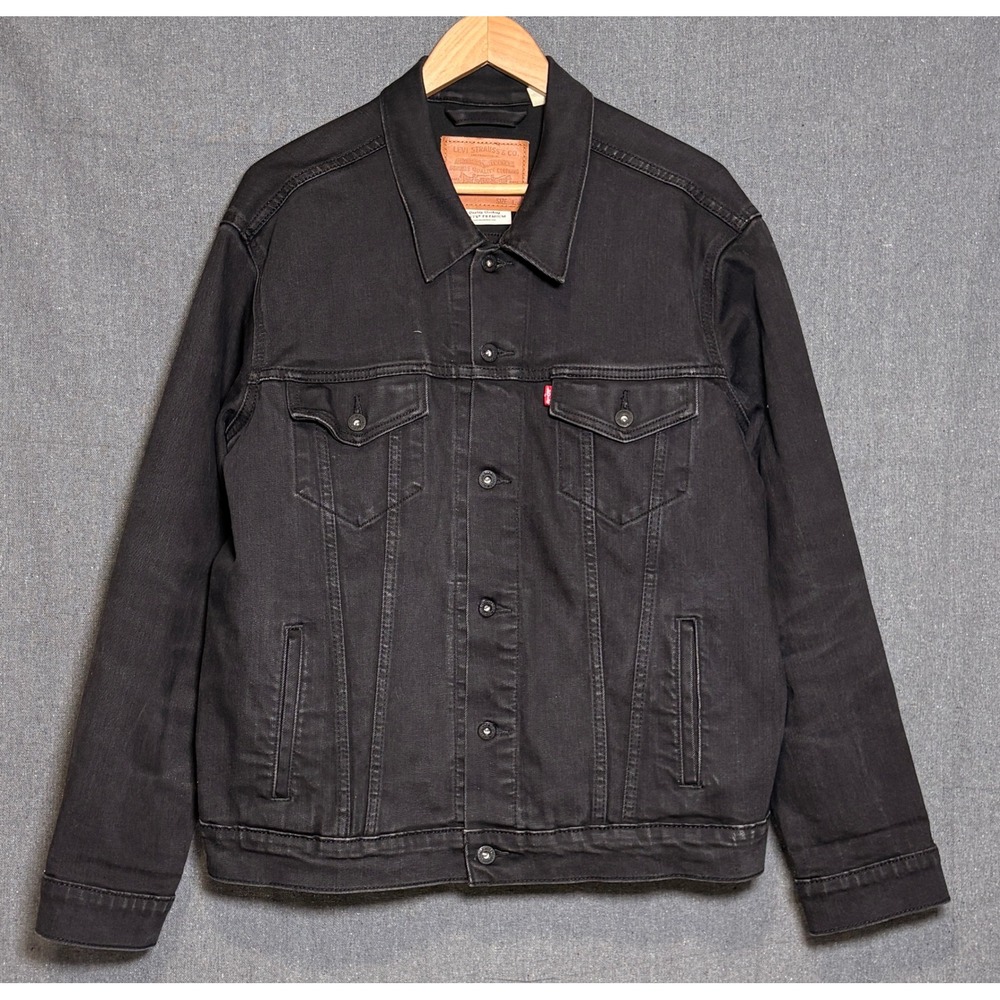 Levis Premium Trucker Jacket Womens Large Black Denim Button Up WaterLess Coat